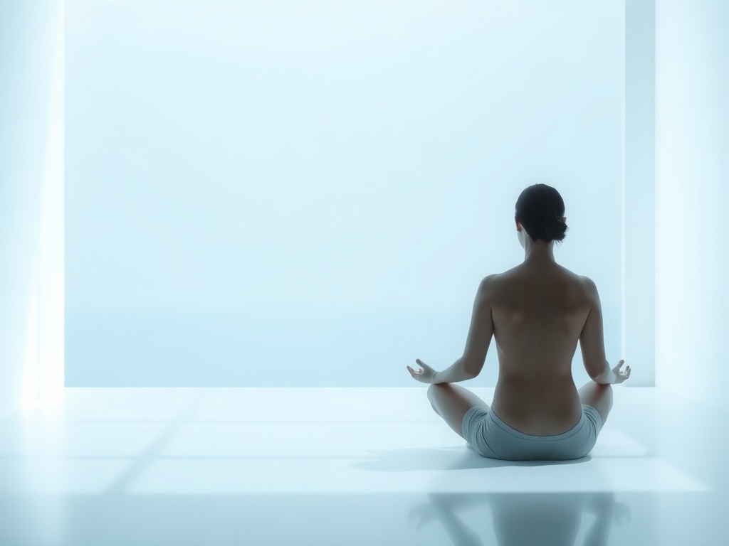 minimalist meditation scene, person sitting in stillness, soft blue tones, calm ocean-like atmosphere indoors