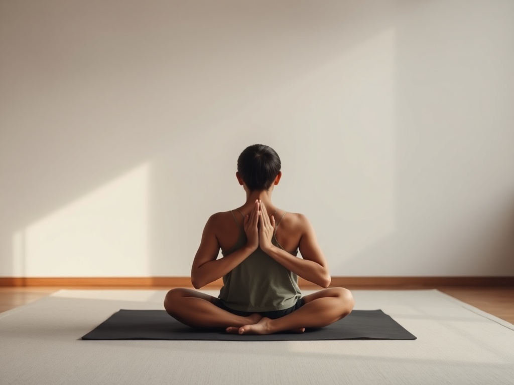 person lying calmly practicing breath hold, soft light, peaceful expression, minimal room, meditative training environment