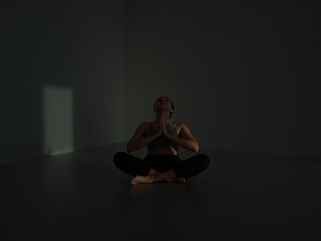 person lying still in dark quiet room practicing breath hold meditation, soft shadows, peaceful minimal composition