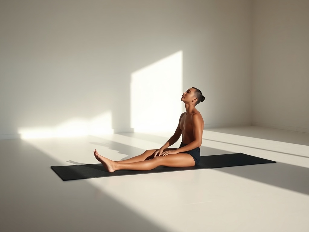 a freediver sitting calmly on a yoga mat in dim natural light, eyes closed, minimalist room, soft shadows, serene atmosphere