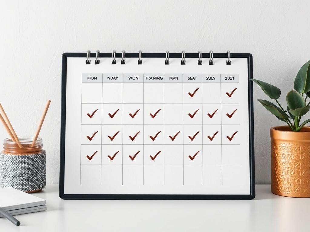calendar with simple checkmarks marking consistent training days, minimal aesthetic, calm workspace