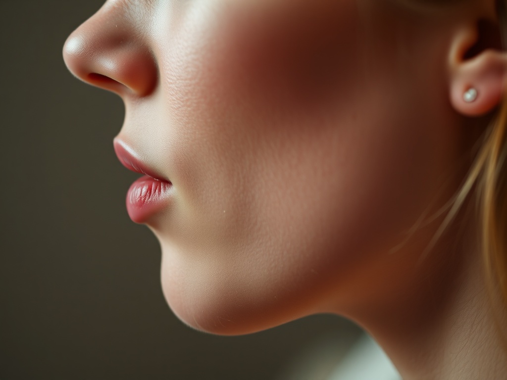 close-up side profile of a relaxed face with soft jaw and tongue posture, neutral expression, calm environment
