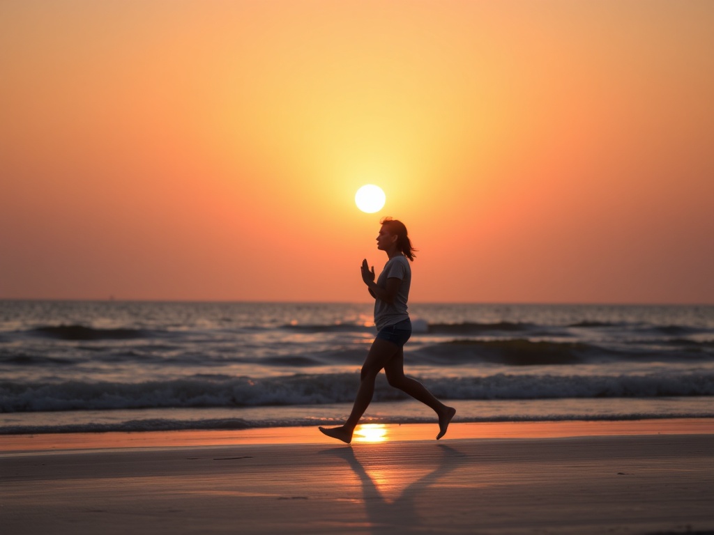 person walking slowly along a quiet beach at sunset holding breath, minimal movement, calm focused expression