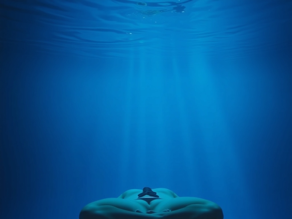 underwater-like blue lighting over a calm person sitting still as subtle muscle contractions ripple through abdomen, serene mood