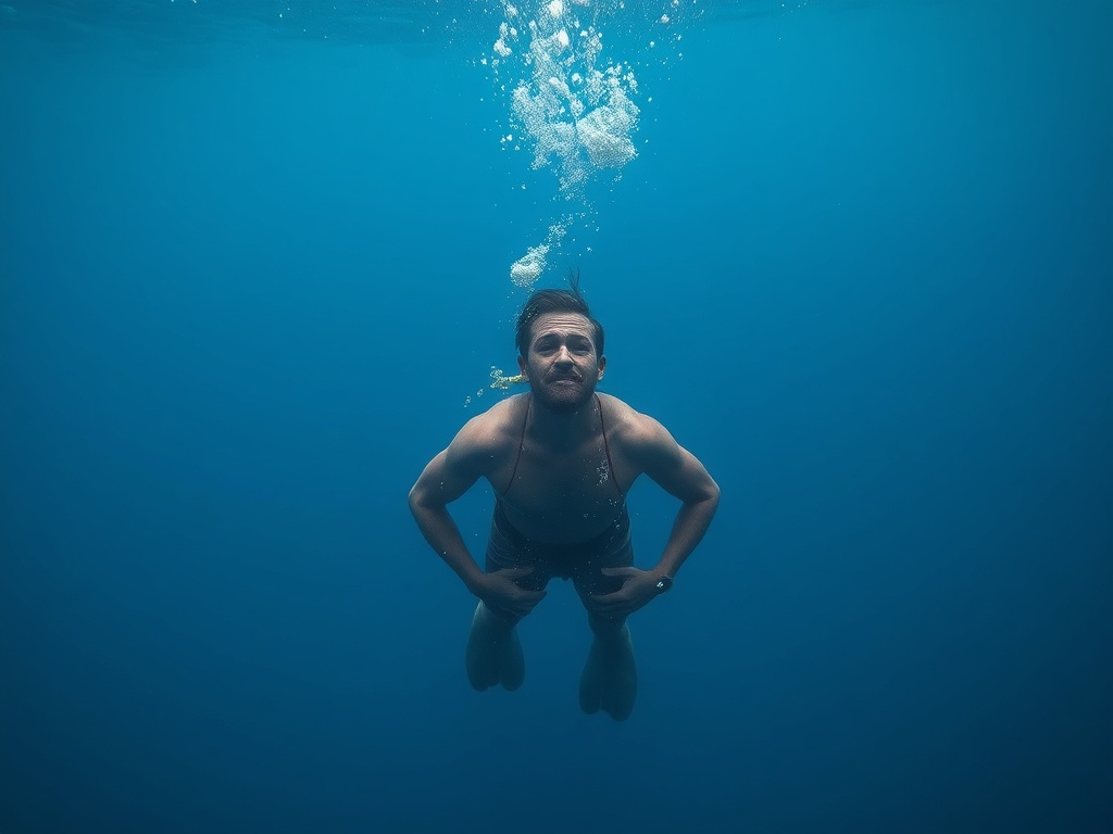 a peaceful freediver at 30 meters, immersed in blue water, with slow rising bubbles