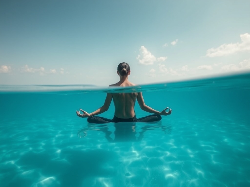 a serene freediver meditating on the surface before diving