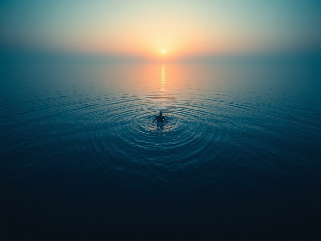 a freediver floating motionless at the ocean surface during sunrise, soft ripples, minimal gear, calm atmosphere, deep blue tones