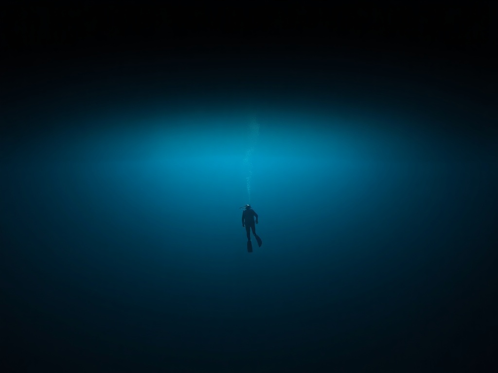 deep ocean gradient fading into darkness with a lone diver descending calmly, vast empty space