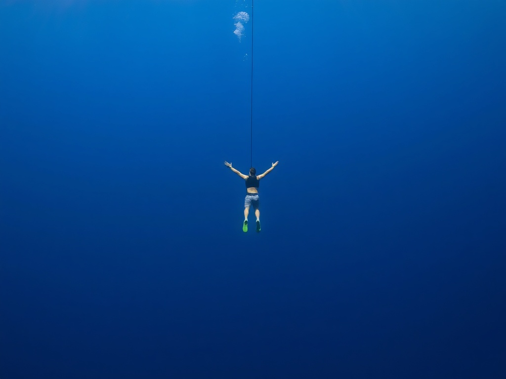 freediver descending along a line into deep blue water, relaxed posture, arms extended, no bubbles, minimalistic composition