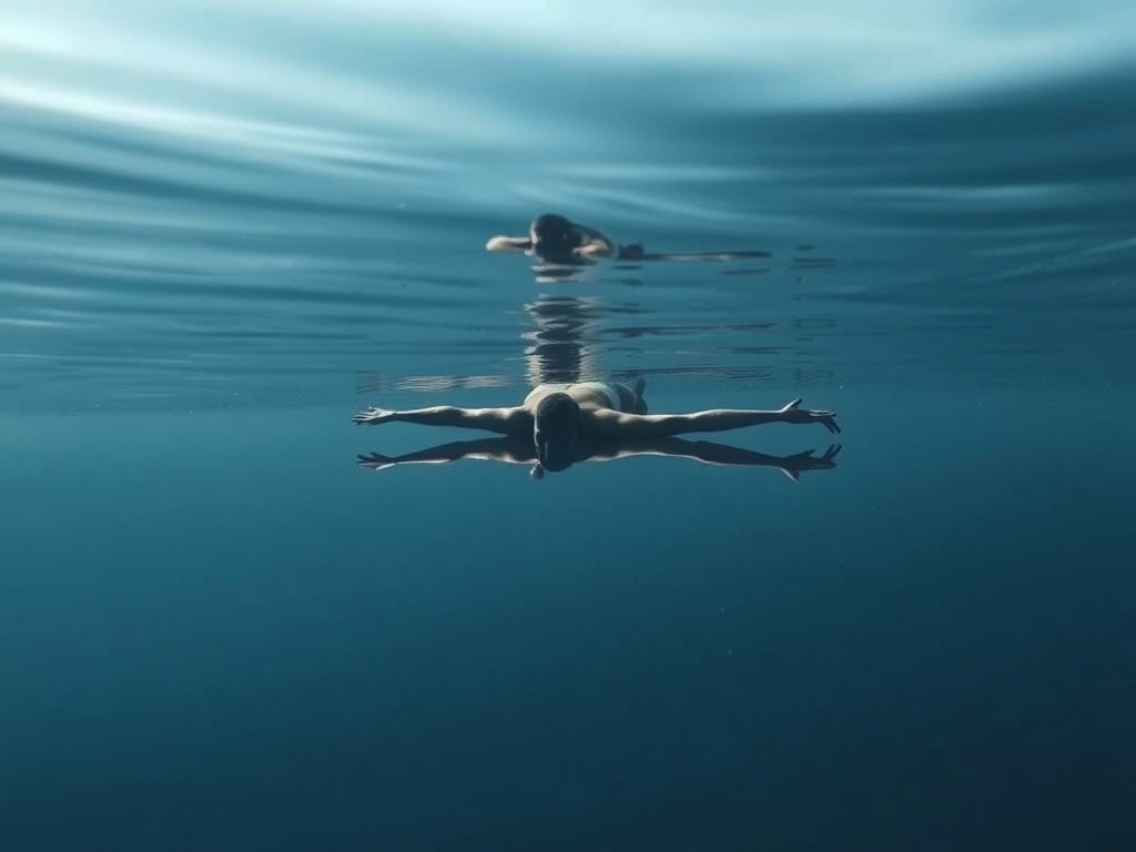 freediver floating face-down at the surface in complete stillness, mirror-like water, no movement, calm sky reflection