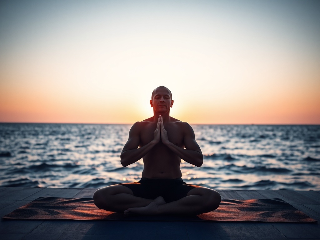 freediver training breathwork on a yoga mat near the ocean, sunrise light, calm focused posture