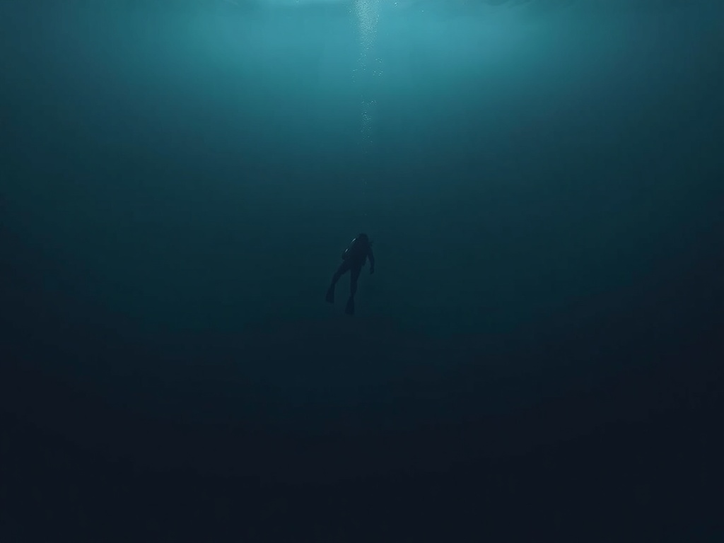 minimalist underwater scene showing a diver in perfect stillness, dark blue gradient fading into black, peaceful and silent