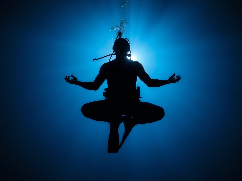 underwater silhouette of a diver meditating at depth, legs crossed, minimal light rays, deep tranquil blue