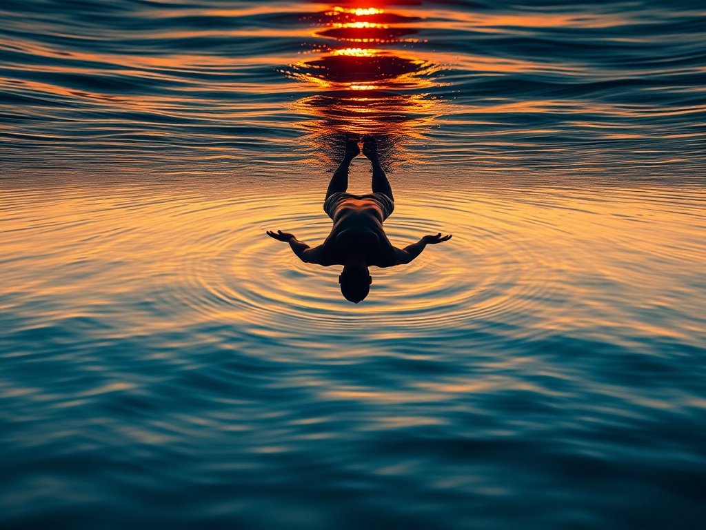 a diver floating face down on calm ocean surface at sunset, golden light reflecting on water, peaceful and motionless, meditative state