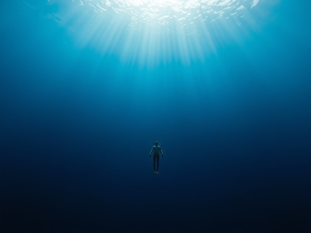 a freediver suspended mid-water in deep blue ocean, completely still, minimal light beams filtering down, vast empty space, calm and silent atmosphere