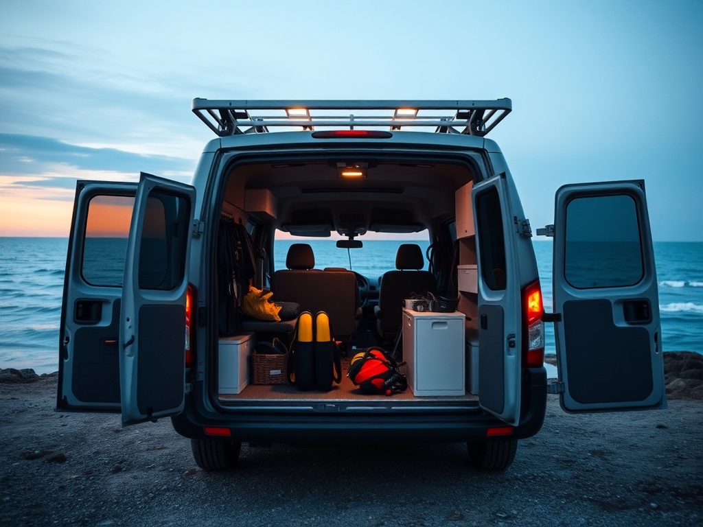 a minimalist van parked near the ocean at sunrise, open doors revealing a calm interior, diving gear neatly arranged, peaceful and intentional lifestyle