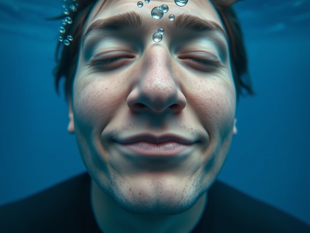 close-up of a freediver's face underwater with relaxed expression, tiny bubbles drifting upward, soft blue gradient background, serene and meditative mood