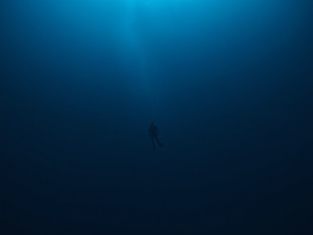 deep underwater scene fading into dark blue, single diver hovering motionless in vast empty space, minimal light, feeling of stillness and depth