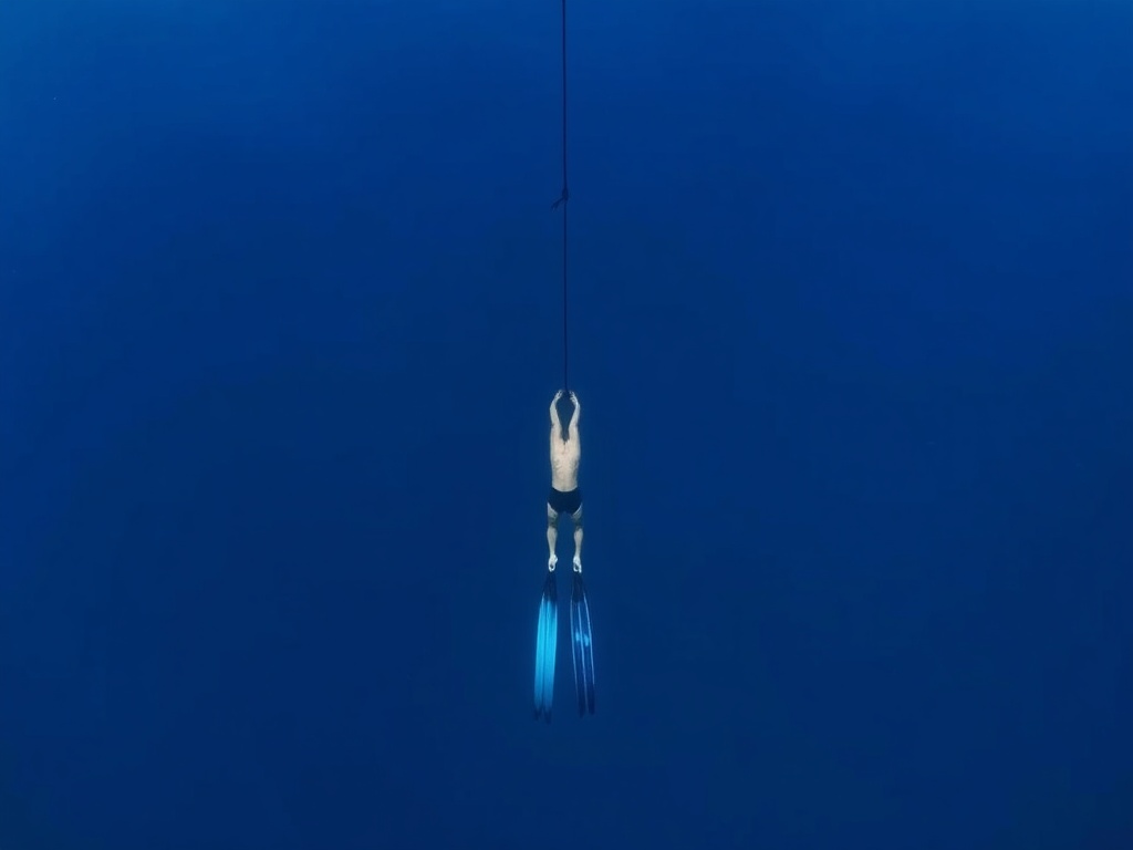 freediver descending slowly along a rope into darker blue water, body perfectly aligned, long fins trailing, peaceful and controlled movement