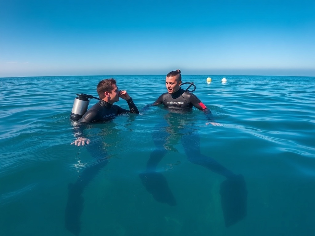 two freedivers at the surface maintaining eye contact, one acting as safety diver, calm ocean conditions, clear blue sky, strong sense of trust and awareness