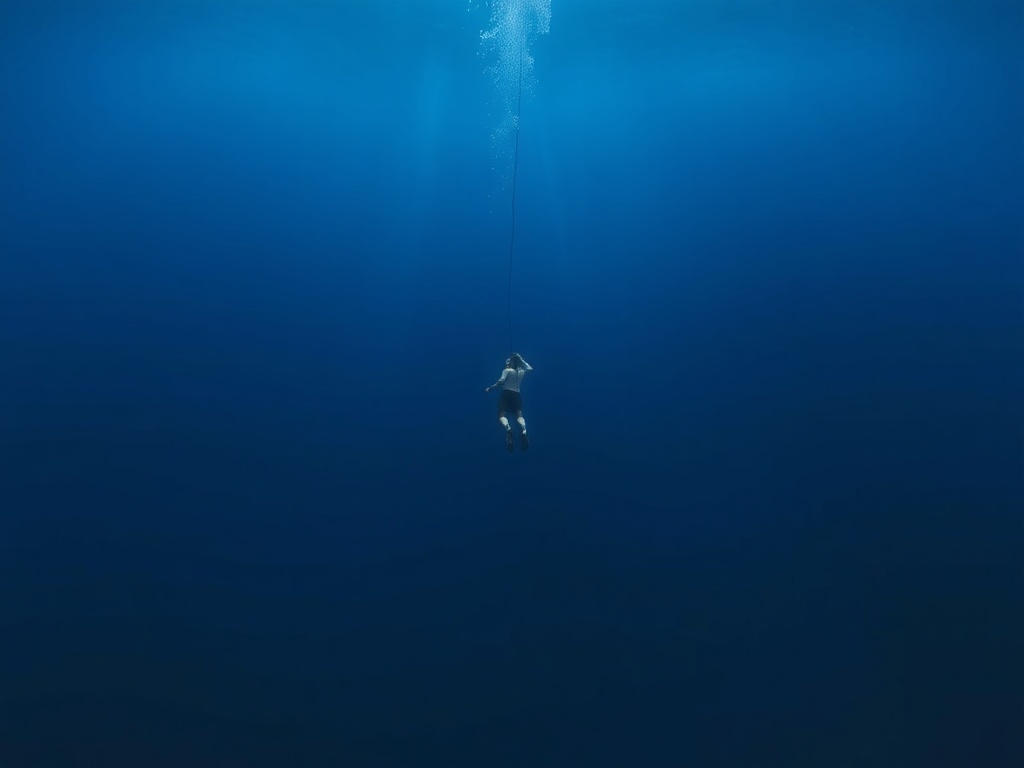 a lone freediver suspended in deep blue water, minimal light rays, calm and still posture, vast empty ocean surrounding