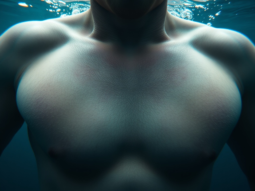 close-up underwater view of a freediver chest and diaphragm area, subtle muscle tension, soft light, scientific yet calm mood