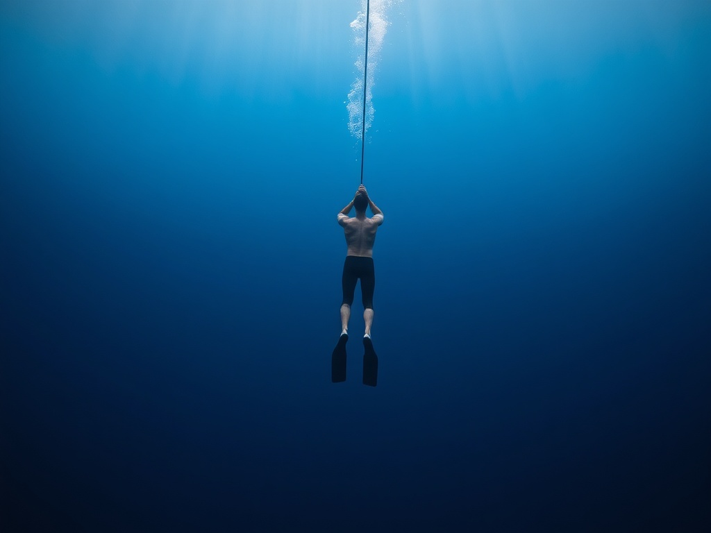 freediver descending calmly along a rope line into darker blue water, relaxed posture, no bubbles, serene atmosphere
