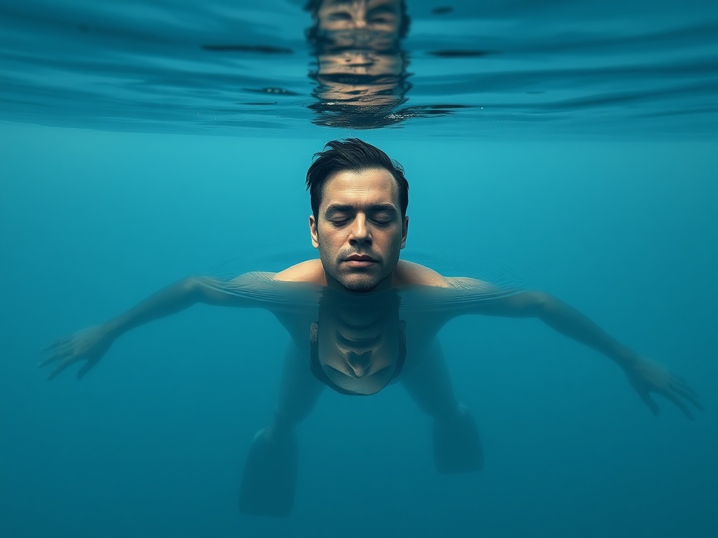 freediver floating on surface in complete stillness, eyes closed, calm facial expression, ocean flat and glassy