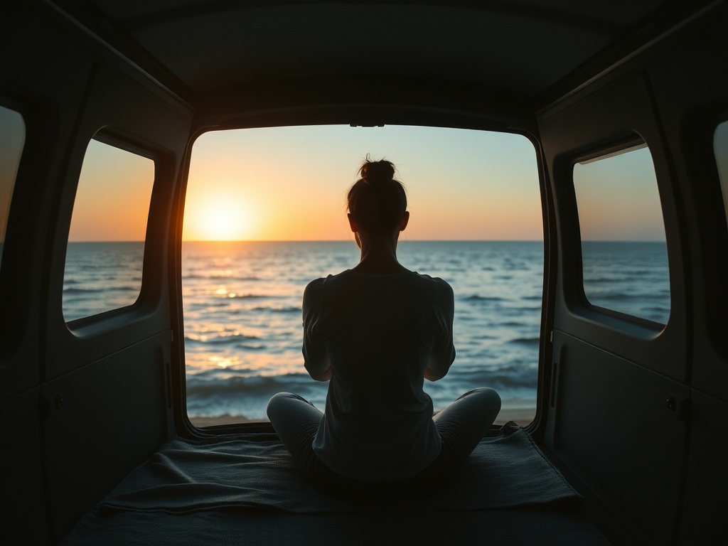 minimalist van interior overlooking ocean at sunrise, person sitting calmly practicing breathing exercises