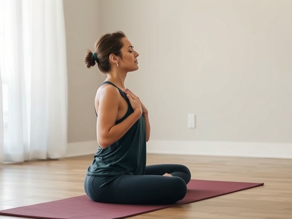 person practicing breath hold training on yoga mat indoors, calm environment, soft natural light, minimalist setting