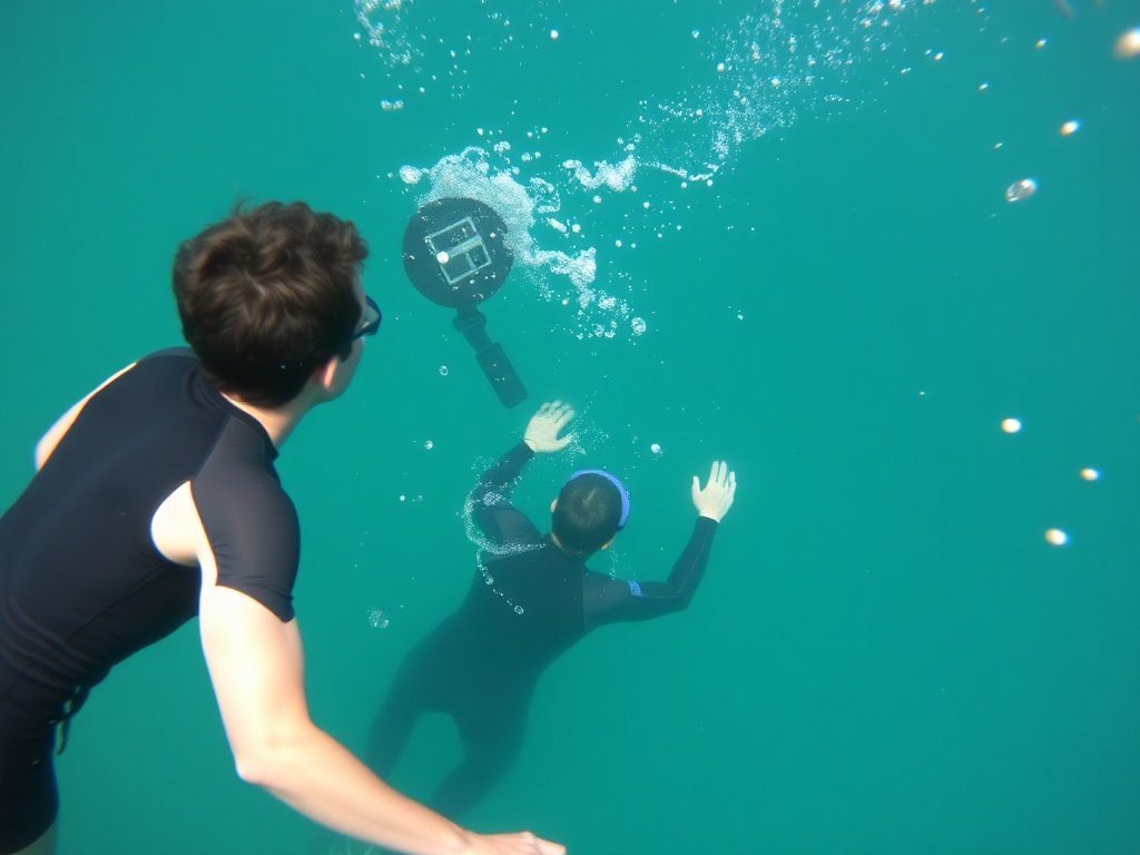two freedivers practicing buddy system, one watching attentively as the other surfaces, clear water, strong sense of safety and trust