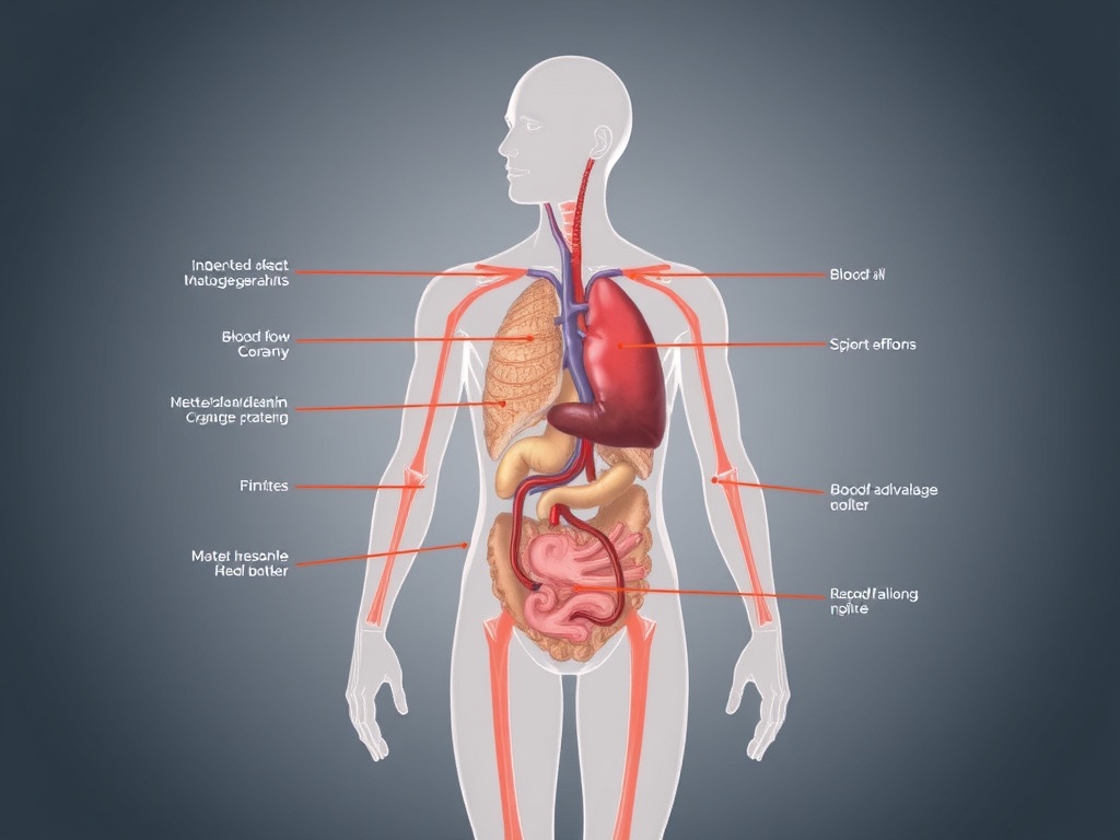 diagram of human body showing blood flow redistribution during MDR, artistic stylization, labeled organs