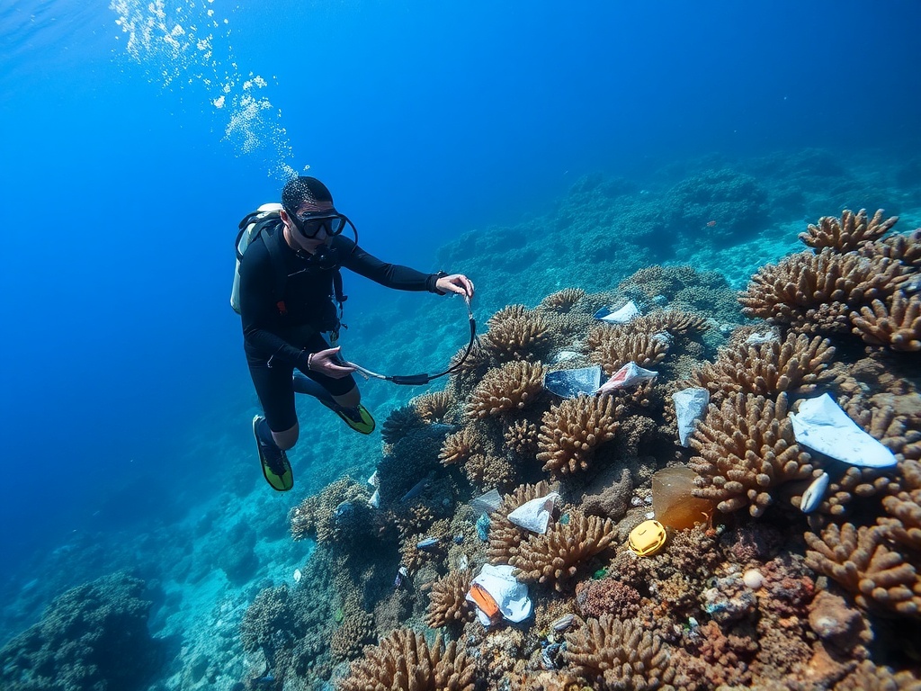 freediver collecting marine debris on coral reef, underwater, natural light
