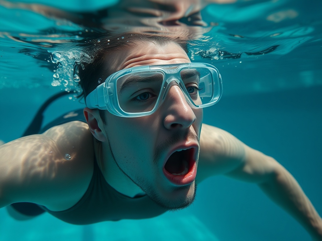 freediver demonstrating Frenzel equalization in pool, close-up on mouth and tongue positioning, slow-motion style