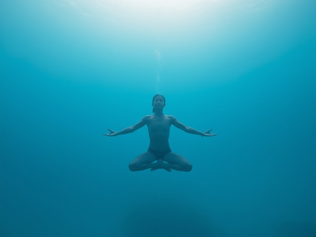 freediver in meditative pose on ocean floor, blue ambient light, serene, minimalist composition