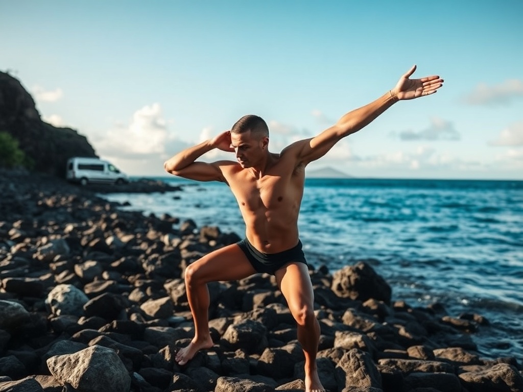 freediver practicing diaphragm stretches on rocky Hawaiian shoreline, morning light, van in background