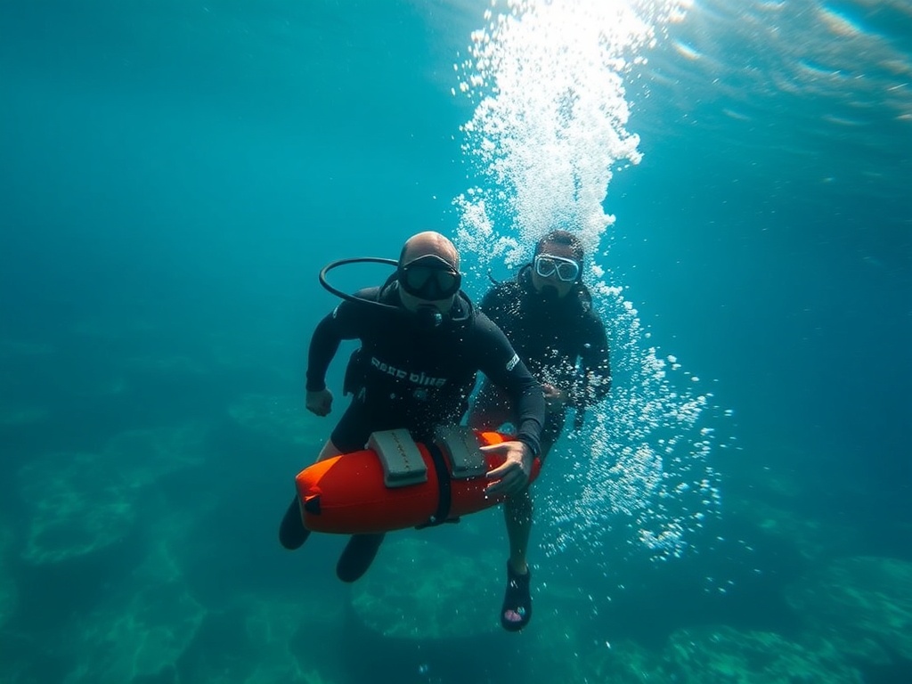 two freedivers performing rescue drill in clear Hawaiian waters, sunlight above, bubbles rising