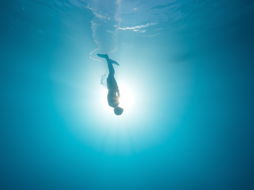 underwater freediver ascending slowly, serene blue gradients, rays of sunlight, minimal bubbles