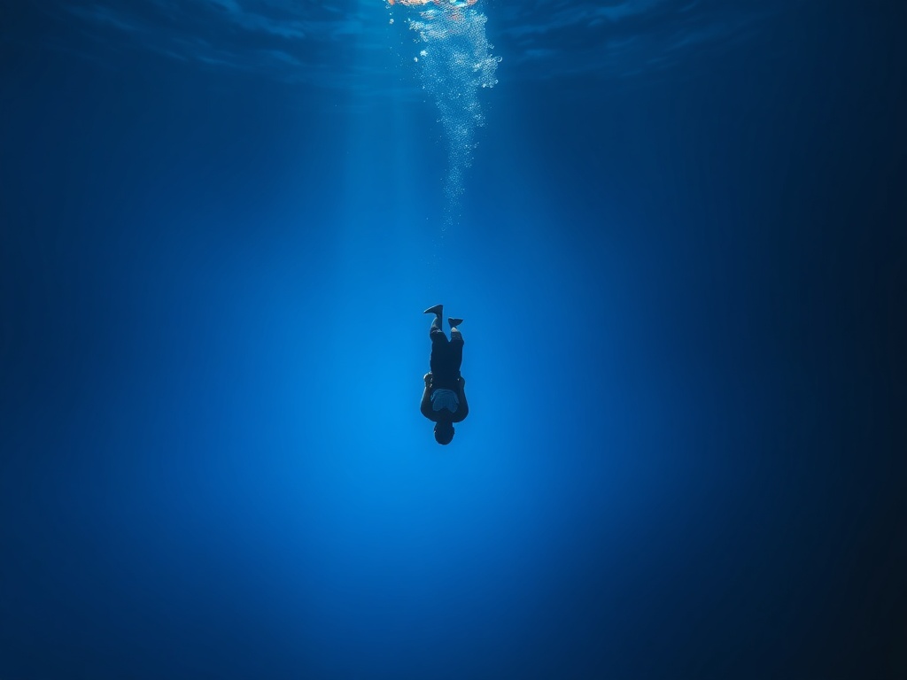 underwater freediver in slow descent, serene deep blue background, beams of sunlight filtering from surface, minimal bubbles