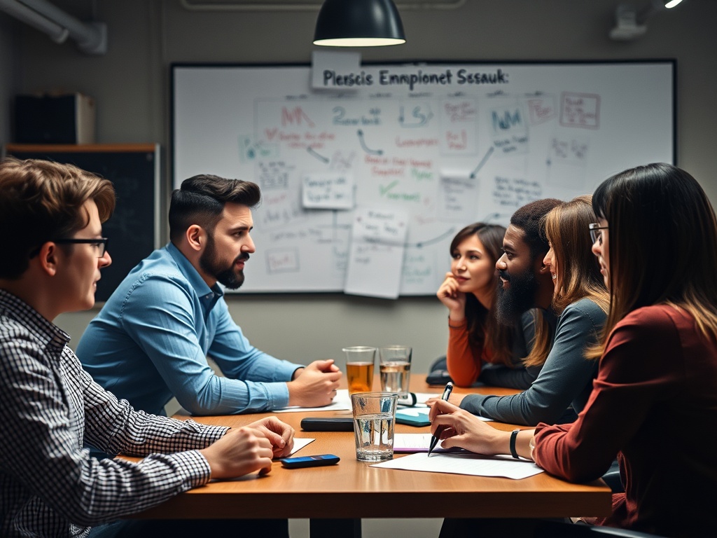 confusing team discussion with multiple voices and overlapping feedback, chaotic workspace