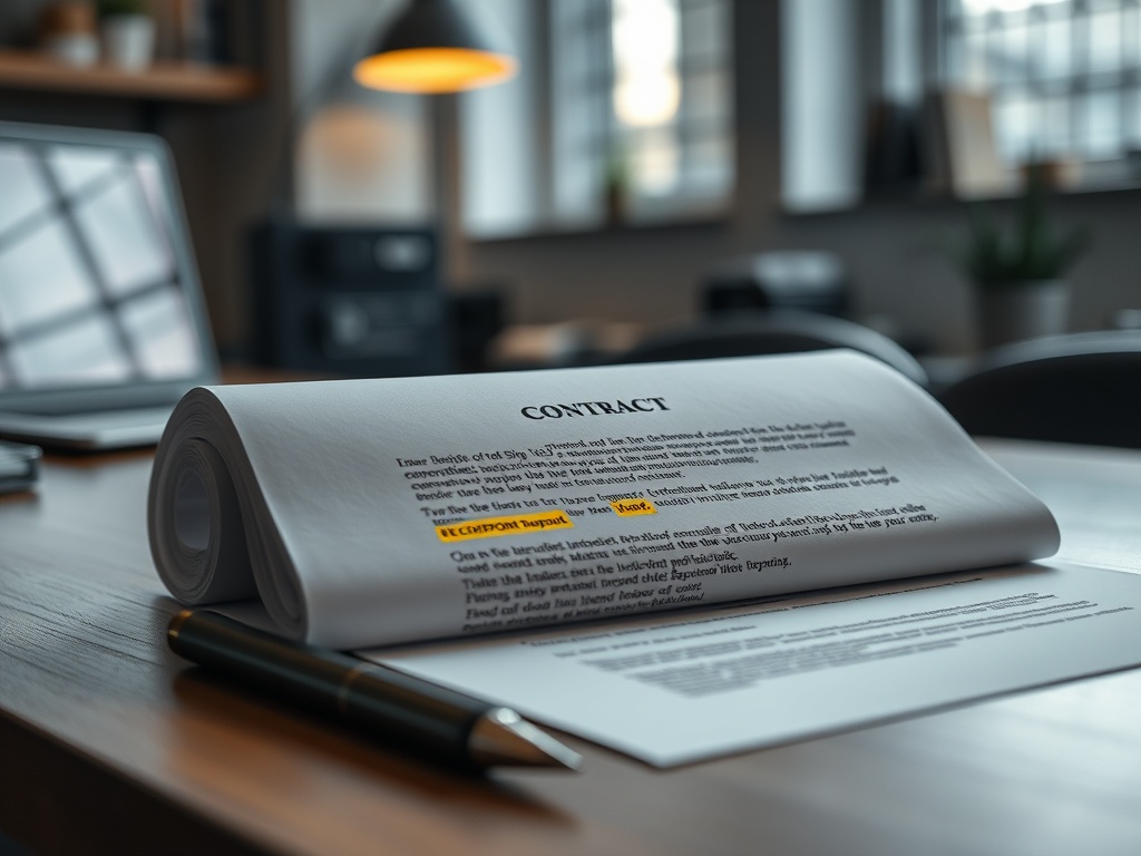 contract on desk with highlighted deposit clause, moody lighting, professional workspace
