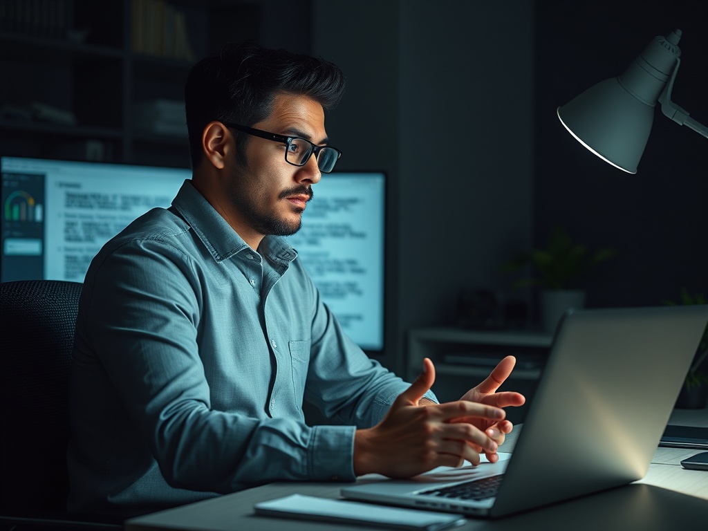 designer frustrated with unclear feedback notes on screen, dark workspace, late night