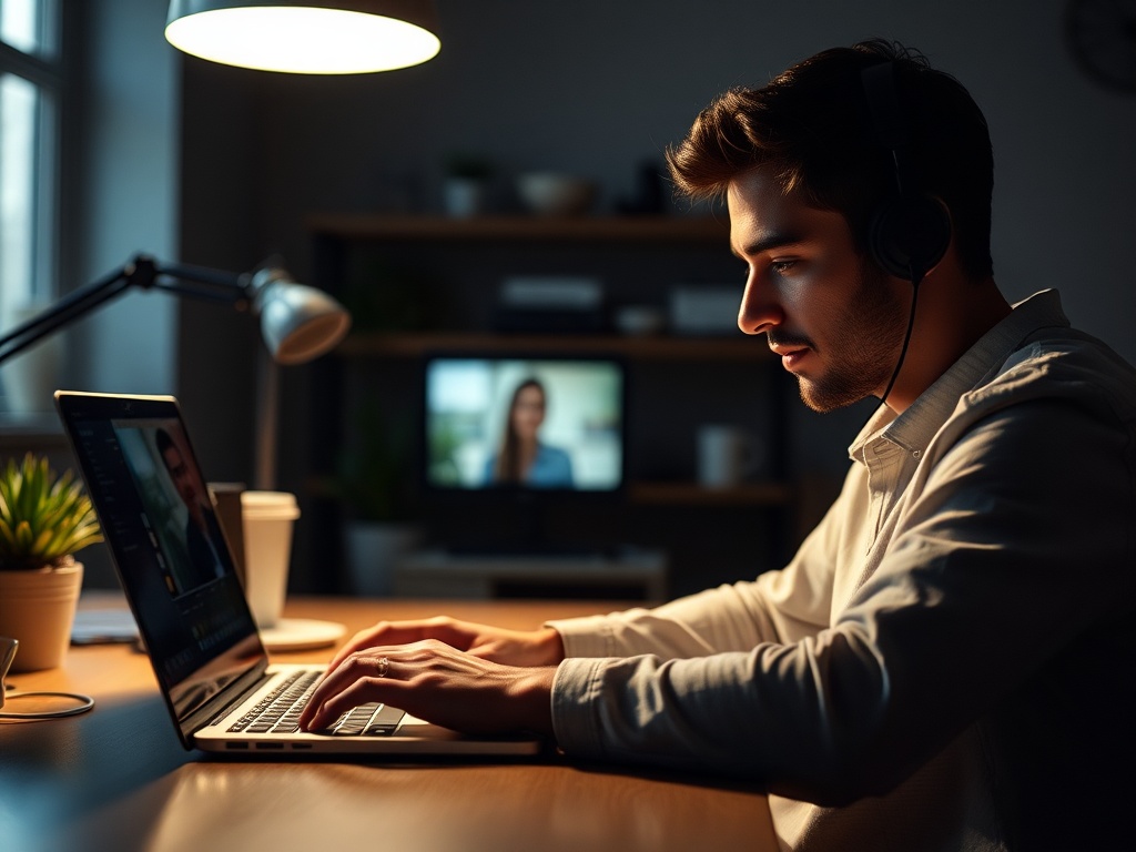 freelancer declining video call on laptop, dim office lighting, focused posture