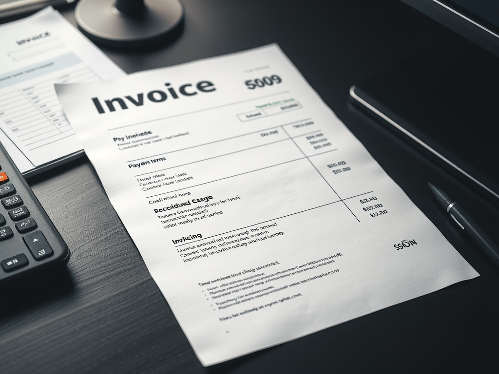 invoice document with clear payment terms highlighted, dark office desk, focused mood