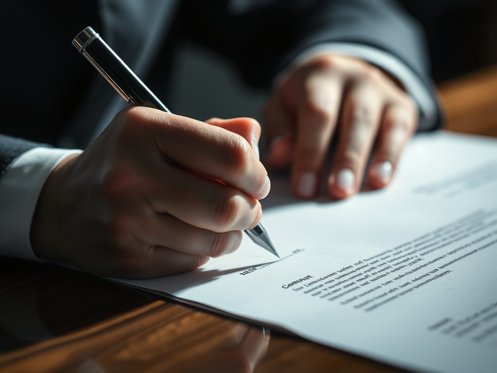 close-up of contract being signed with pen, high contrast dramatic lighting