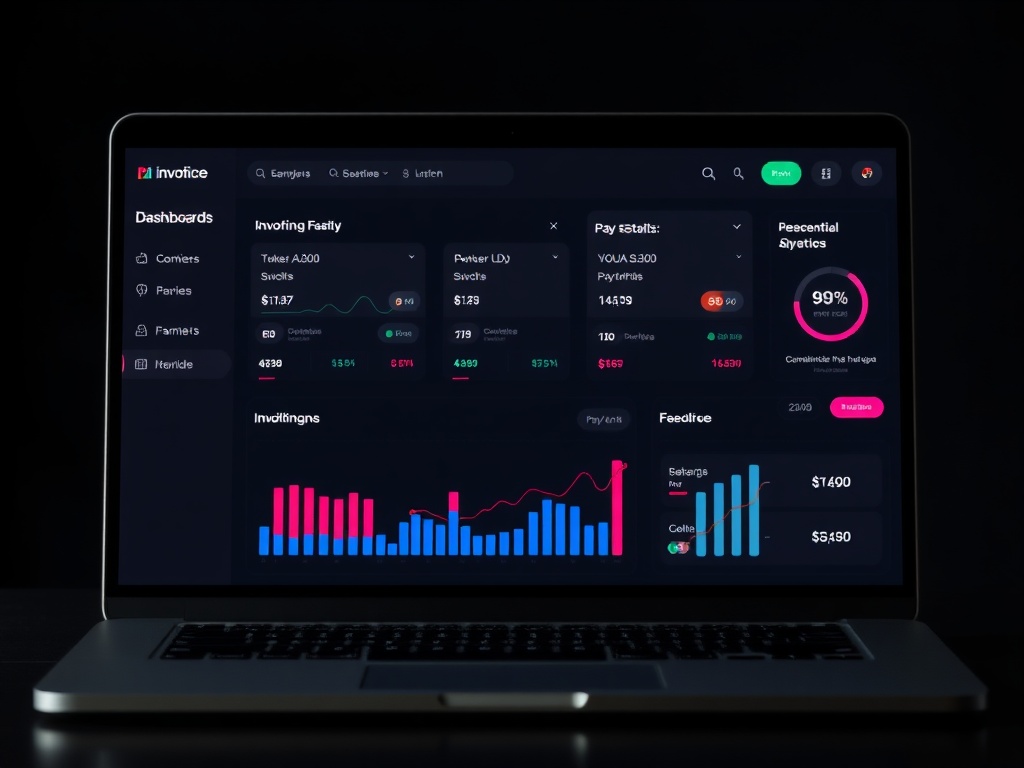 dark mode invoicing dashboard on laptop with charts and payment notifications