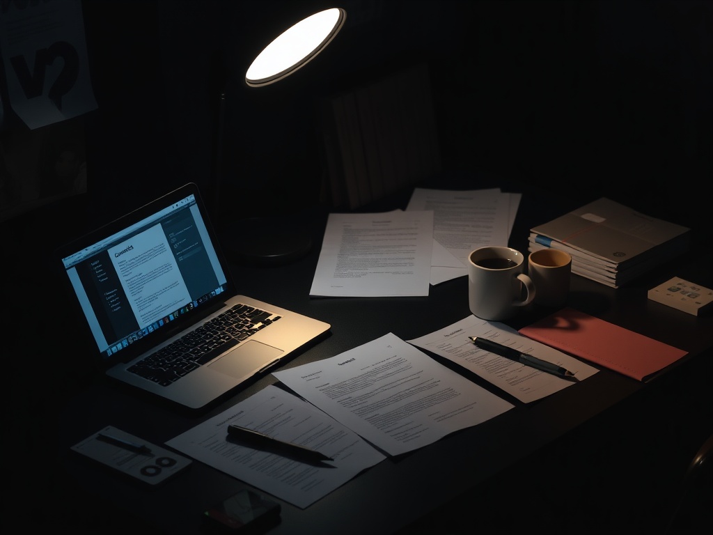dark workspace desk with contract documents, laptop, and coffee under moody lighting