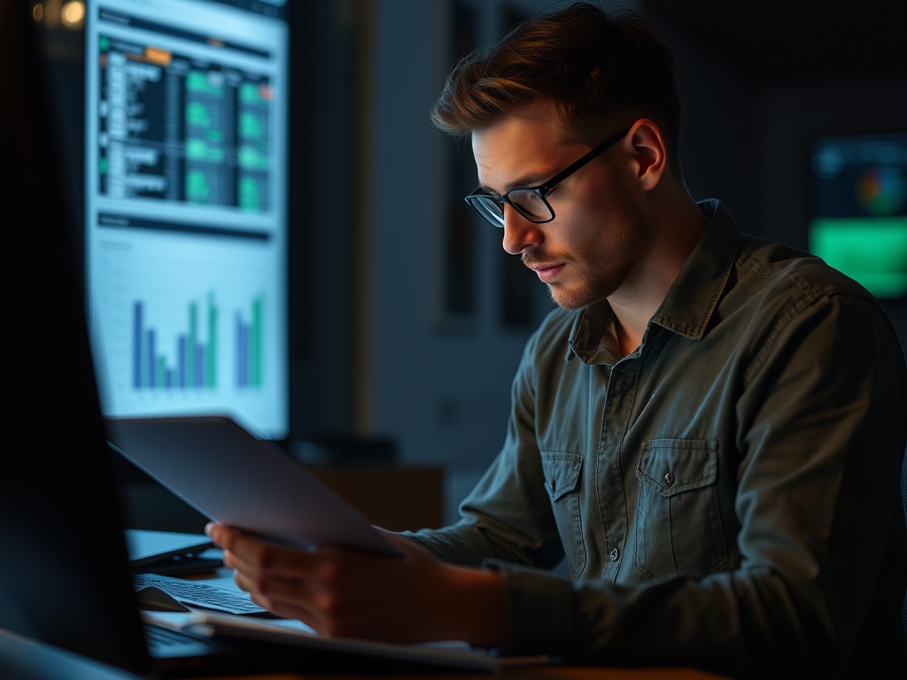 freelancer reviewing notes and financial spreadsheet late at night with focused expression