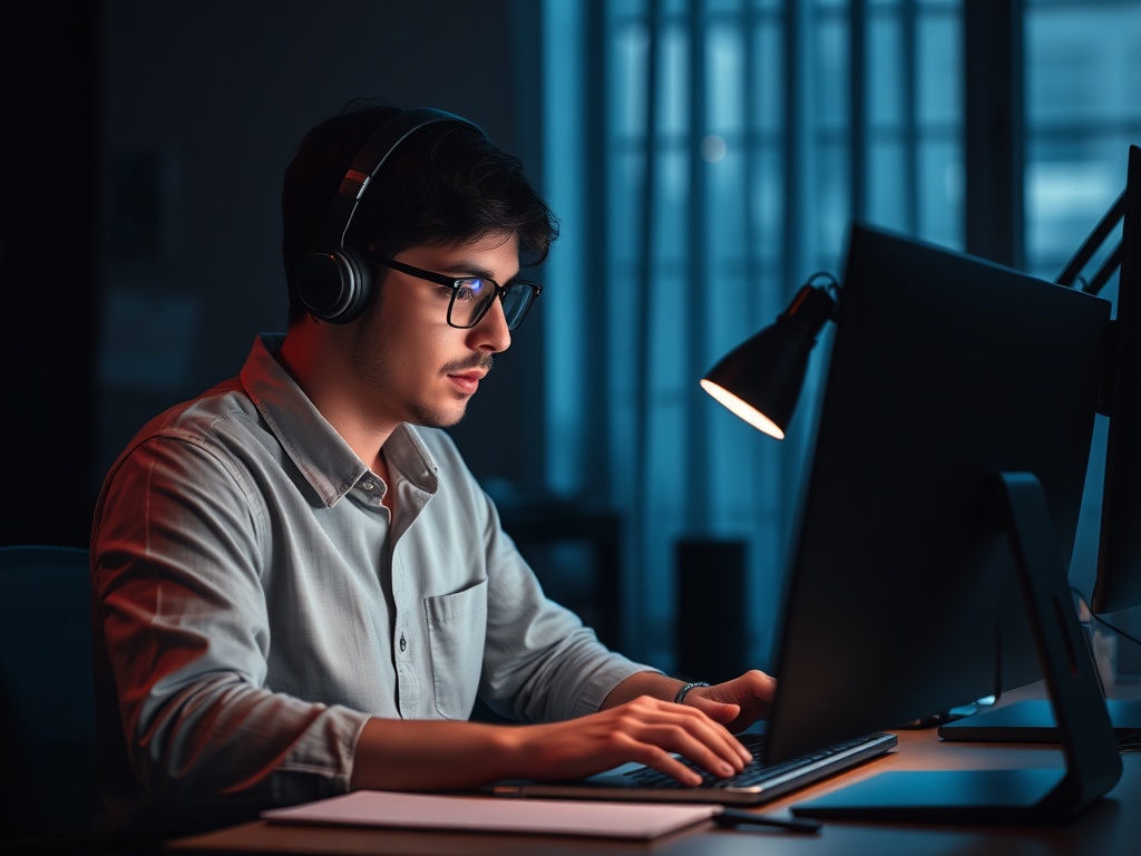 freelancer working focused at desk with notifications muted, dark ambient lighting