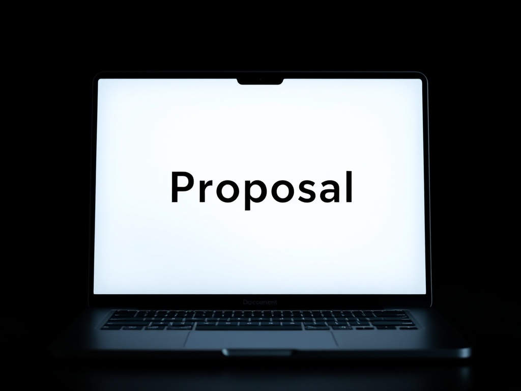 minimalist proposal document on laptop screen in dark mode interface